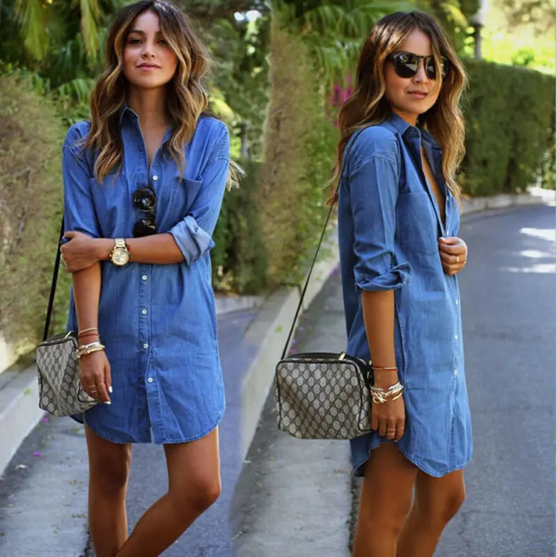 

Womens Blue Jeans Denim Shirt Long Sleeve Casual Loose Shirt Mini Dress New