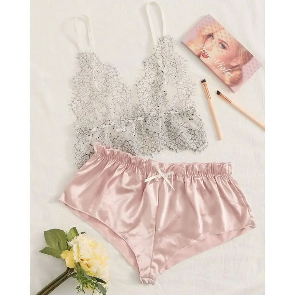 2PCS Women Sexy See-through Lace Silk Crop Top Deep V Neck Sling Bra High waist Satin Briefs Sleepwear Lingerie Set Exotic Sets