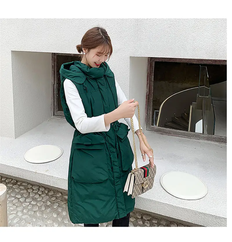 Зима пуховик длинный жилет женская верхняя одежда без рукавов Женская корейская модная теплая куртка с капюшоном жилет осенние парки f2092 - Color: green