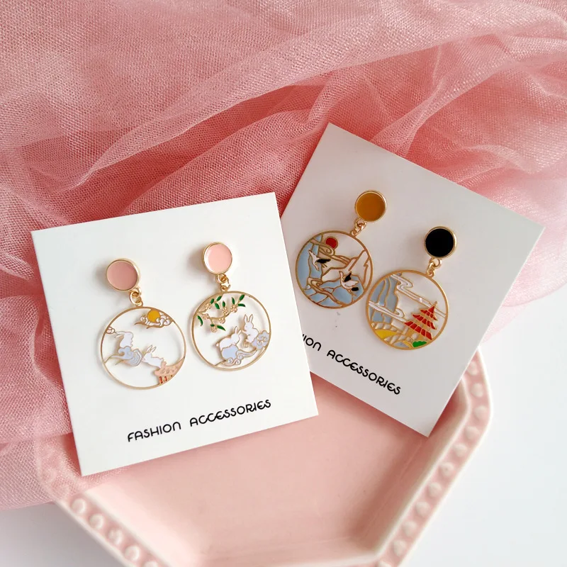 Japanese Heng Feng Clip On Earrings Asymmetrical Rabbit Crane Mountain Clip on Earrings Without Piercing for Girls Women