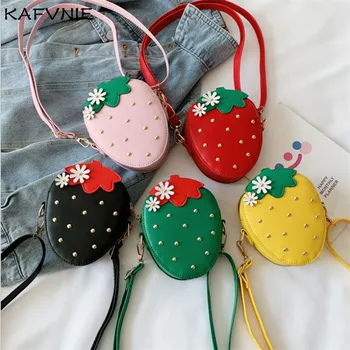 

Mini12cm PU Children Strawberry bags High End PU Party Kid Evening Bags Spring Rivet Pink Child Shoulder Children's Clothing Bag