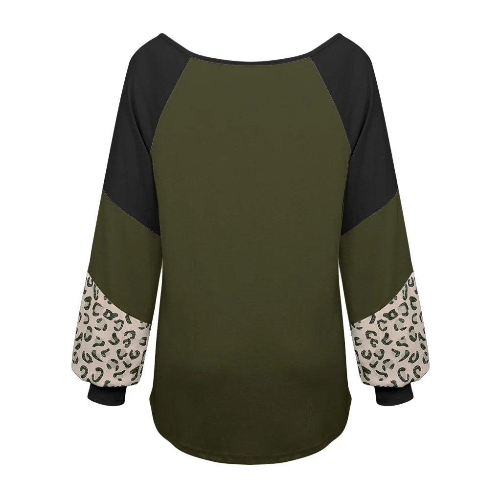 2019 ladies leopard solid color stitching long-sleeved shirt sweater 

