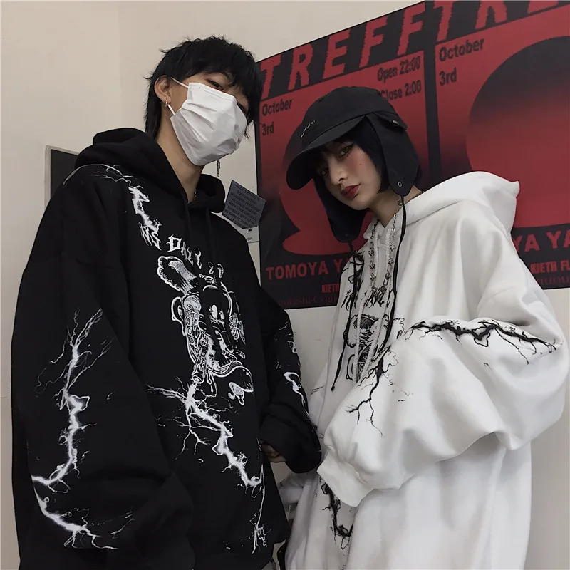 Harajuku Свободные женские Флисовые толстовки в стиле «граффити» Lightning Для женщин флисовая толстовка с капюшоном и толстовки, топы, осенняя одежда женские флисовые пуловеры