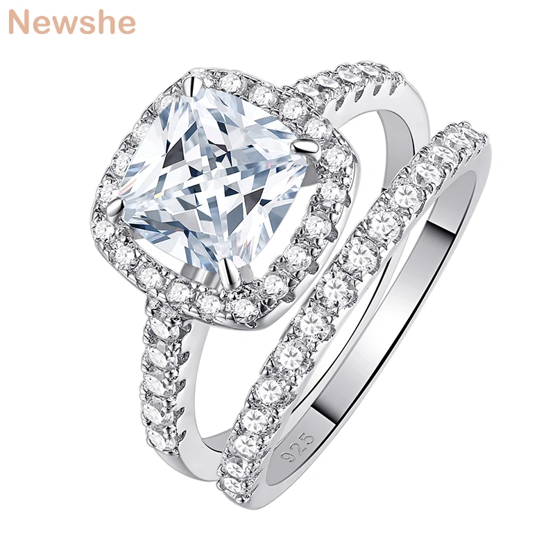 Newshe Твердые 925 пробы серебряные обручальные кольца для женщин 2,2 Ct подушка с квадратным вырезом AAA CZ модные ювелирные изделия обручальное кольцо набор