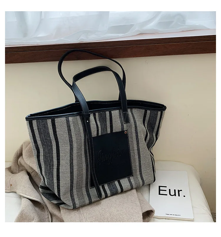 Black White Blue Stripe Handbag 2019 Extra Large Canvas Tote Bags for Women Canvas Bucket Shopper Shoulder Bag Ladies Office Bag (8)