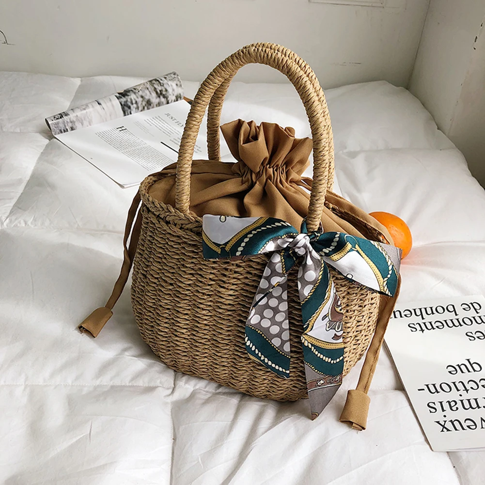 

2021 INS Fashion Women Summer Straw Bags Drawstring Beach Bags Raffia Rattan Woven Bucket Bags Female Vacation Shopping Bags
