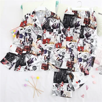 

Women Printed Flower Nightwear Satin Pajamas Suit Sexy Loose Lapel 2020 New 2PCS Sleep Set Casual Long Sleeve T-shirt&Pants