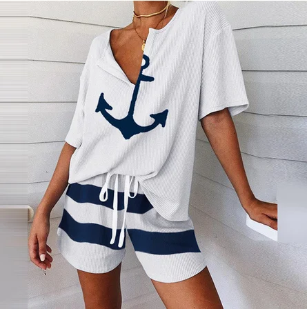 Summer 2Pcs Women Tracksuit Boat Anchor Print Shirt and Shorts Set Spring Elegant V Neck Pullover Ladies Sportswear Suits Pocket red lingerie set Women's Sets