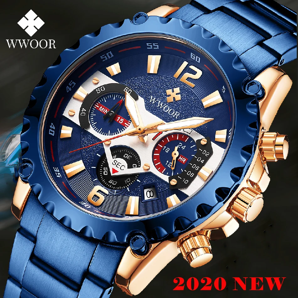 

WWOOR 2020 New Fashion Blue Mens Watches Top Brand Luxury Quartz Waterproof Wrist Watch Man Sport Chronograph Watch Reloj Hombre