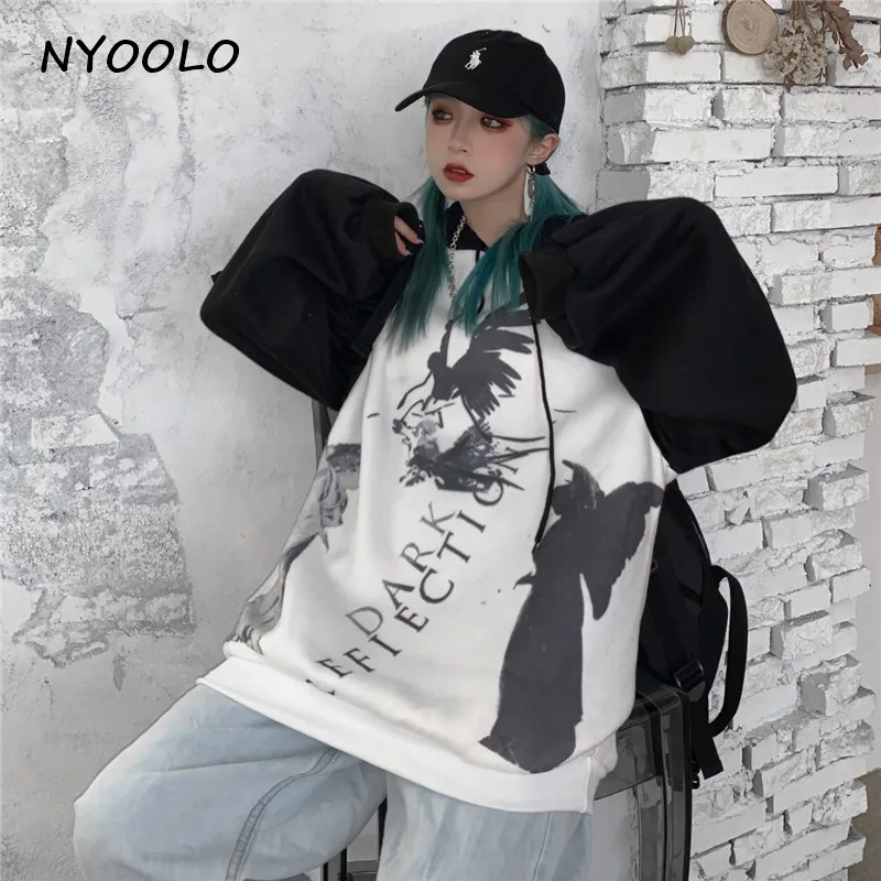NYOOLO, осень, зима, темно-ангел, с буквенным принтом, плюс бархатные толстовки, повседневный Свободный пуловер с капюшоном, утолщенная теплая Толстовка для женщин и мужчин