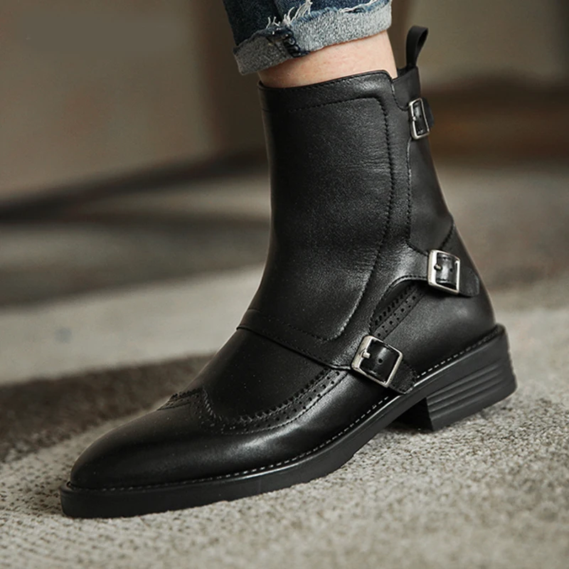 

Genuine Leather Autumn New Woman Buckle Chelsea Boots Handmade Round Toe Shoes Quality Buckle Square Low Heel Lady Boots
