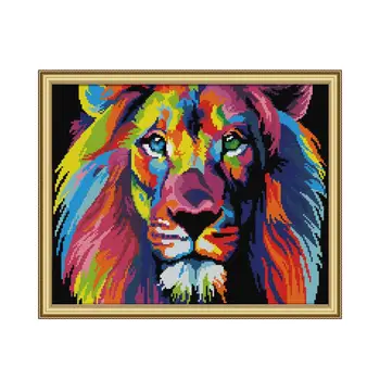 

Coloured Lion Cross Stitch Kit 11CT Counted Pattern Printed on Canvas DMC 14CT DIY Handmake Chinese Needlework Embroidery Sets