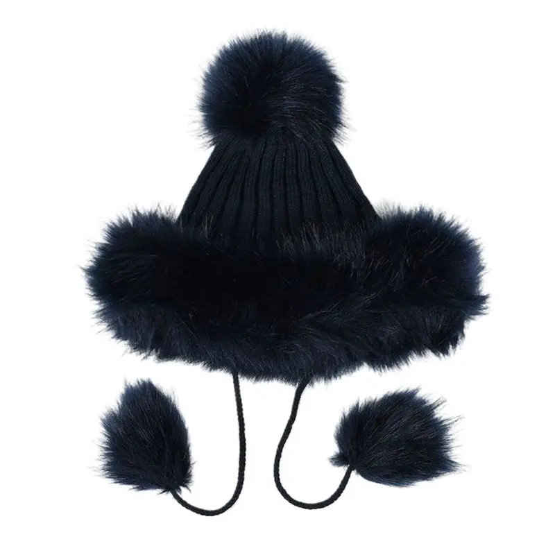 Женская зимняя Пушистый Плюшевый эластичная шапочка, шапка в русском стиле, вязаная шапка-трапеция, шапка-бомбер, уличная Лыжная теплая шапка с помпон - Цвет: Dark Blue