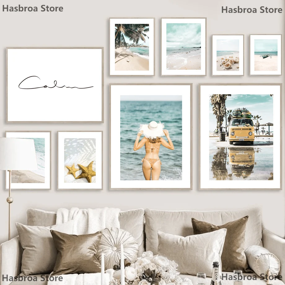 Canvas Painting Summer Beach Girl Conch Starfish Sailboat Bus Nordic Posters And Prints Wall Art Pictures For Living Room Decor | Дом и сад