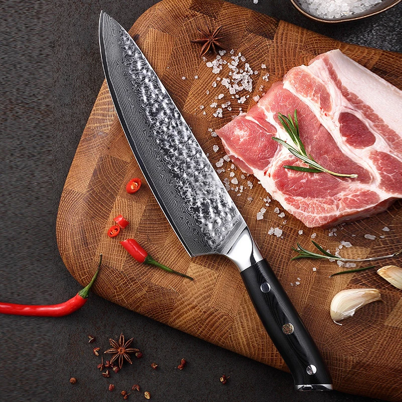 

8 inch G10 handle 67 layers Damascus steel chef knife hammered best kitchen knife butcher knife cooking knife sashimi