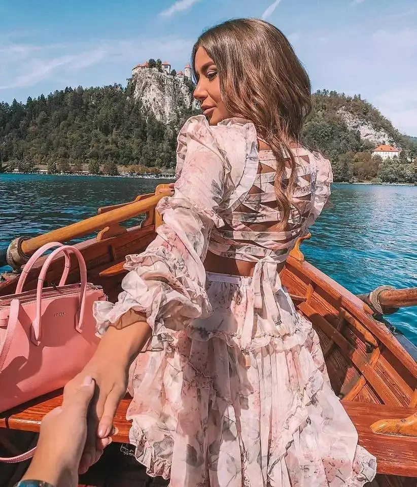 CNYISHE 2020 Sweet Print Ruffles Dress Female Lantern V Neck Long Sleeve Hollow Out Backless Bandage Women Dresses Vestidos Robe CNYISHE 2020 Sweet Print Ruffles Dress Female Lantern V Neck Long Sleeve Hollow Out Backless Bandage Women Dresses Vestidos Robe