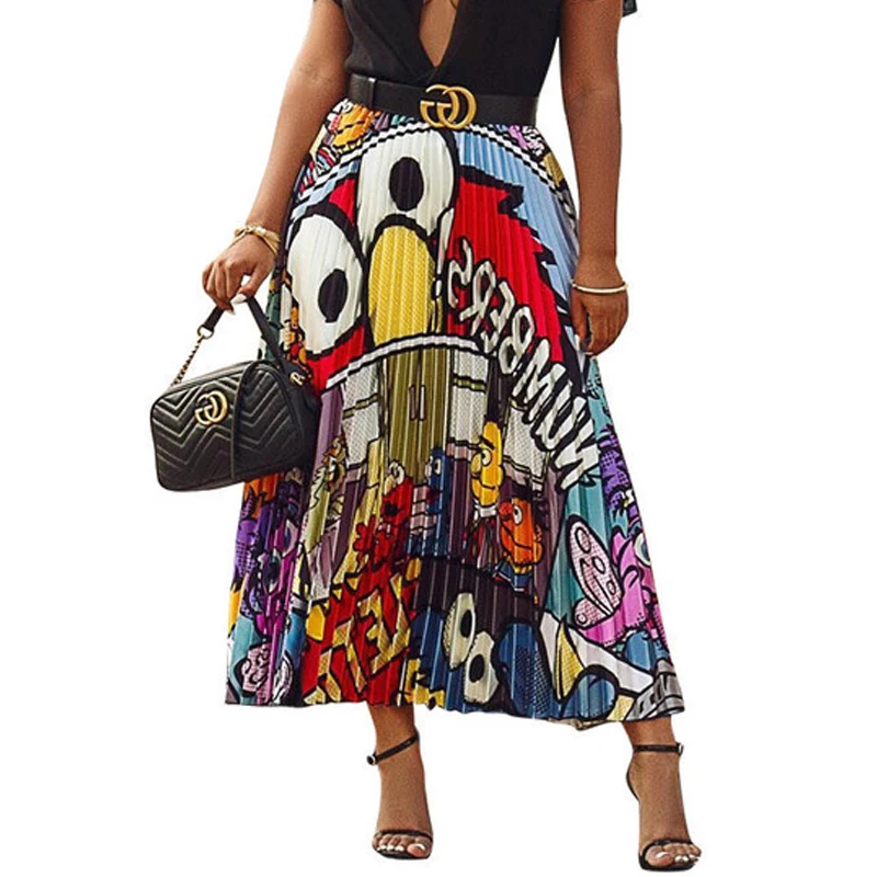 

Spring Autumn New Women Stripes Print Character Letter Cartoon High Waist Midi Skirt Pleated Skirts Elastic Waist Swing Skirt