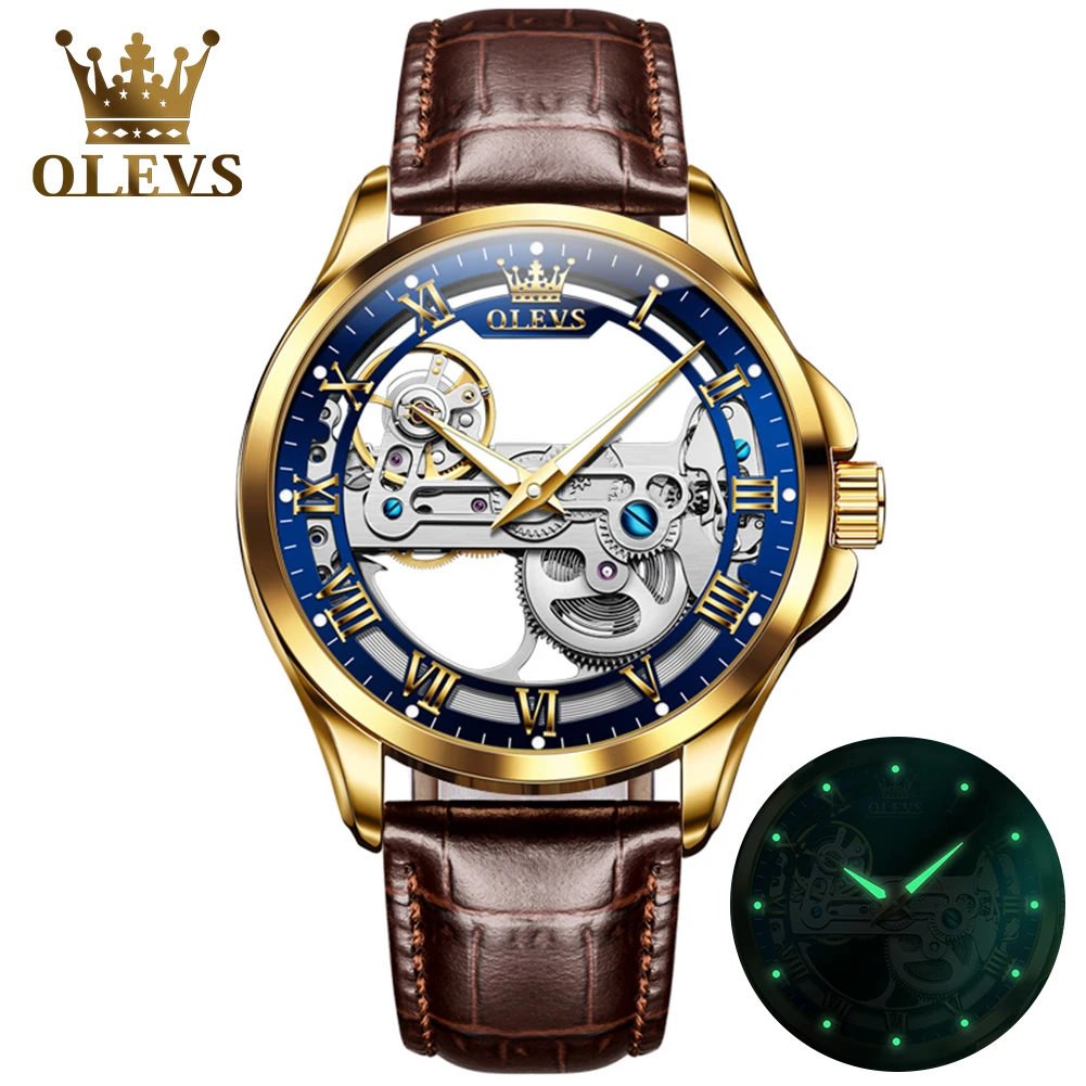Olevs Men's Watches Automatic Mechanical Watches Waterproof Leather