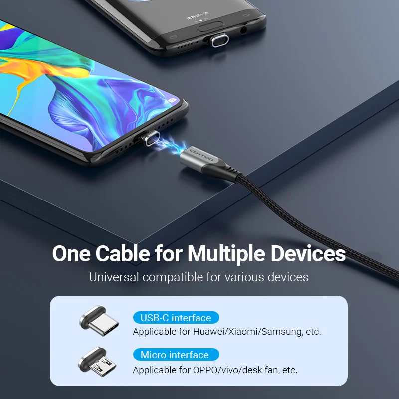 Vention Magnetic Fast Charging Cable - 3A Micro USB & Type C Charger
