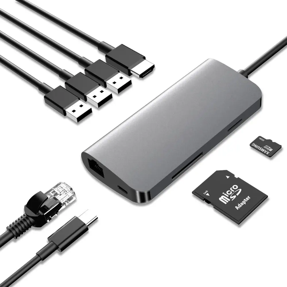 

USB Hub USB Splitter 8 in 1 High Speed HUB Multi USB 3.0 HUB With Function of HDMI Cable PD Fast Charging Car Reader For Laptop