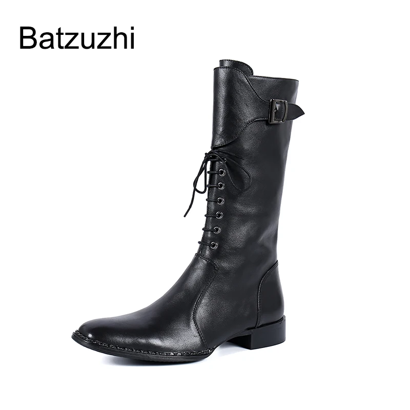 Batzuzhi Men's Boots Western Cowboy Pointed Toe Black Genuine Leather Medium Calf Boots Men Motorcycle Lace-up Buckles, EU38-46
