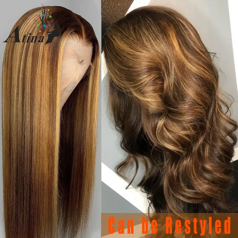 Ombre Highlight Human Hair Wig Brown Honey Blonde Colored 13x6