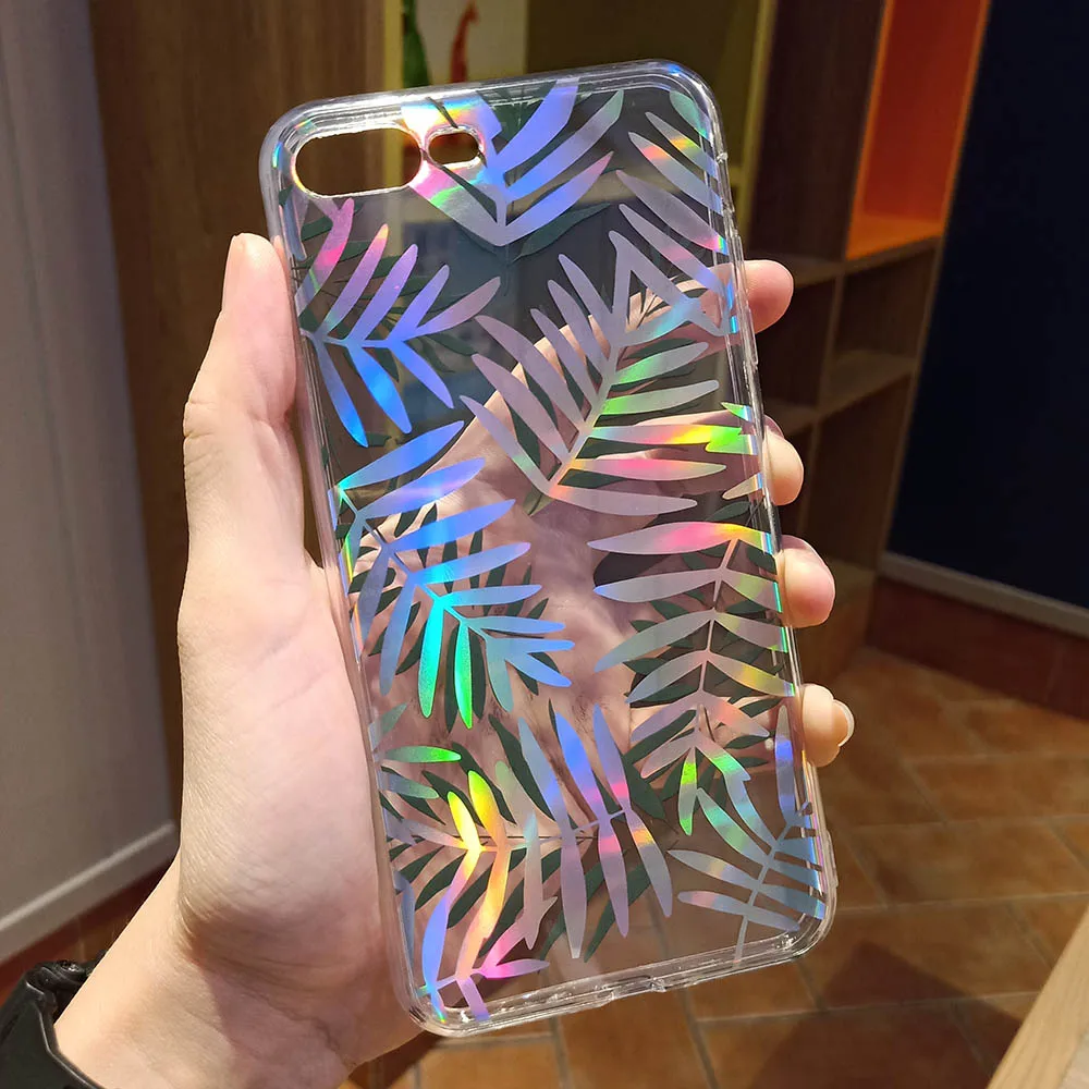 green leaf Модный градиентный Радужный лазерный чехол для iPhone 11 Pro XS Max Xr Прозрачный жесткий чехол Fundas для iPhone 8 7 6S Plus акриловый чехол - Цвет: green leaf