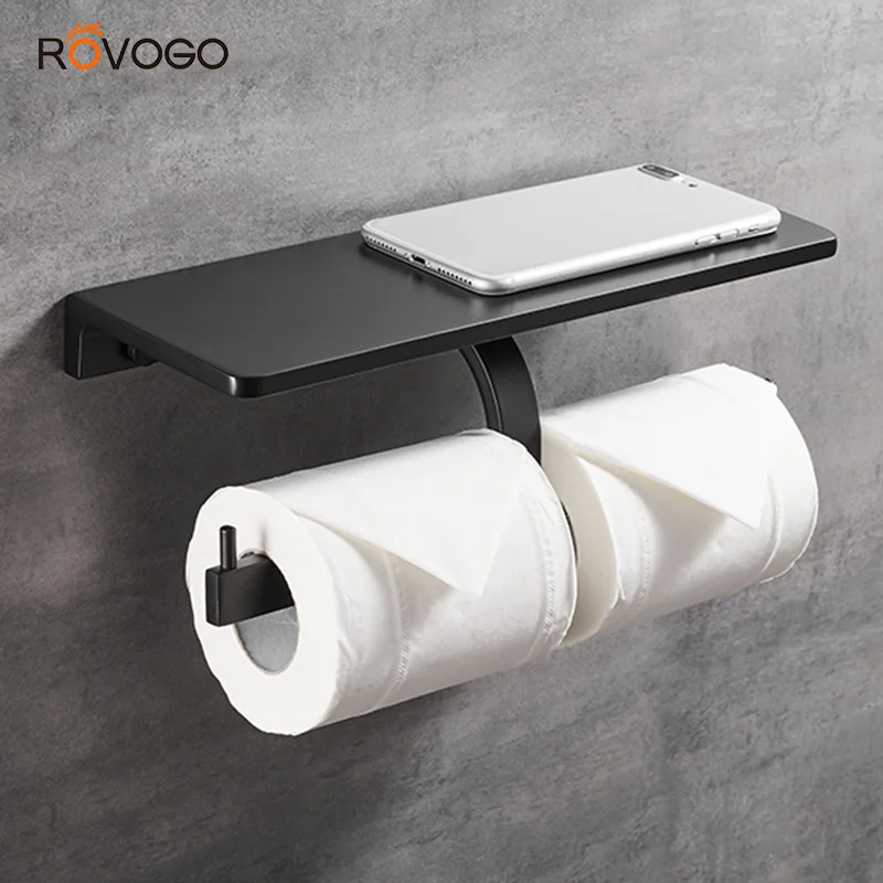 Держатель туалетной бумаги ROVOGO матовый черный с двумя рулонами и полкой для