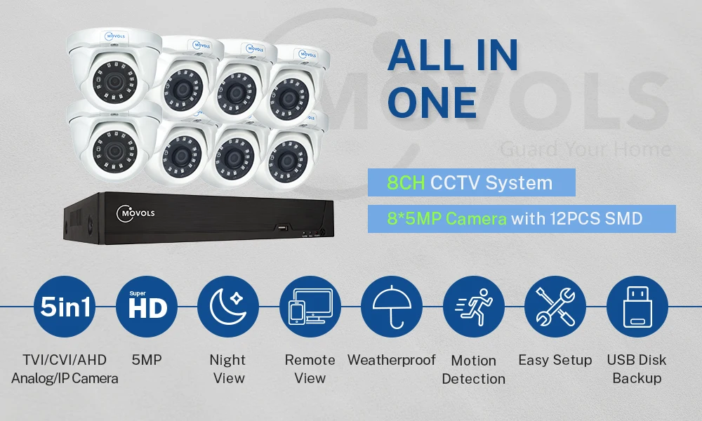 Movols 5MP HD H.265 8CH DVR CCTV система 8 шт. домашняя уличная купольная камера безопасности P2P IR-CUT Водонепроницаемый комплект видеонаблюдения