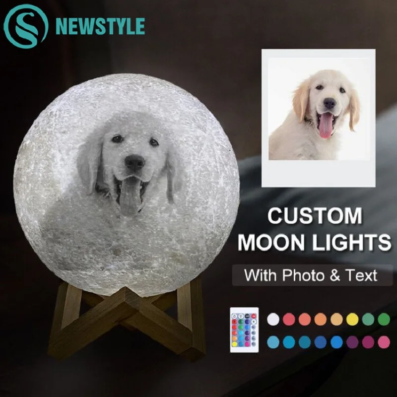 

Photo/Text Custom 3D Printing Moon Lamp Nightlight Customized Personality Lunar USB Charging Night Lamp with Wooden Holder