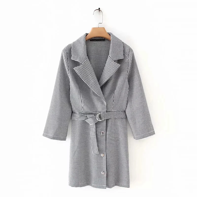 

2019 Women Autumn Fashion Houndstooth Print Mini Dress Female Casual Blazer Style High Waist WIth Belt Single Breasted Dressses