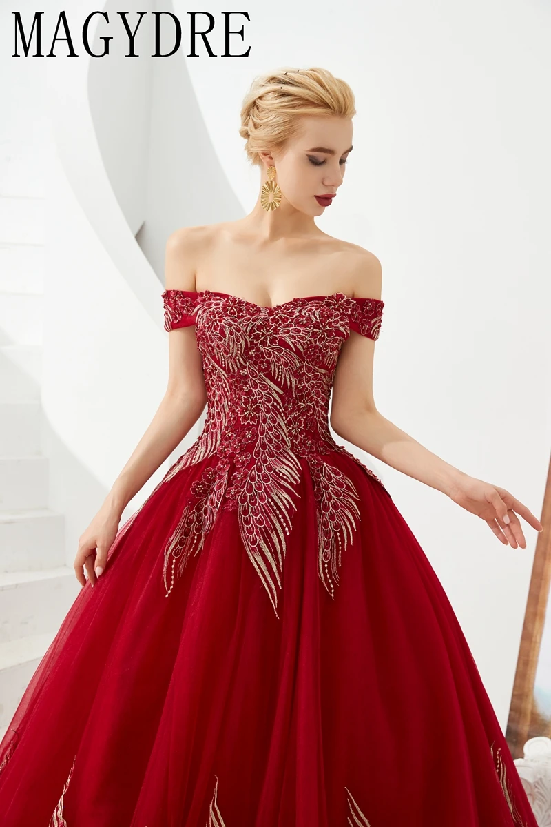 Вышивка Тюль Элегантные бордовые платья Quinceanera красный/зеленый сексуальное бальное платье с открытыми плечами MAGYDRE