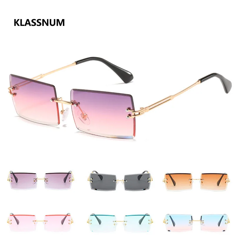 

KLASSNUM Fashion Square Rimless Sunglasses New Women Small Sun glasses Shades Luxury Brand Metal Sunglass UV400 Eyewear