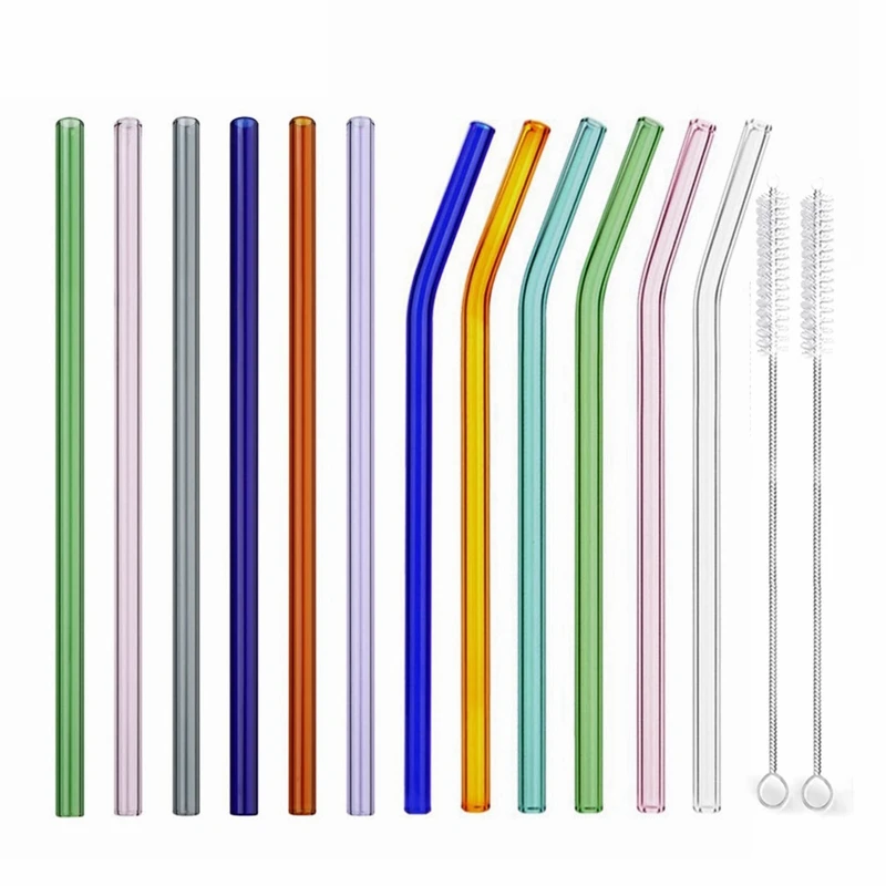 Clear Glass Drinking Straw Set 8.5" x 8mm New 12 Piece Set Straight or Bent