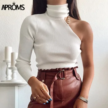 Image of Aproms One Shoulder White Turtleneck Knitted Sweater Women High Street Long Sleeve Casual Pullover Female  Spring Jumpers