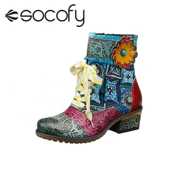 

SOCOFY Comfy Leather Shoes Cowgirl Casual Leather Floral Splicing Zipper Square Heel Ankle Boots Women Shoes Botas Mujer 2020