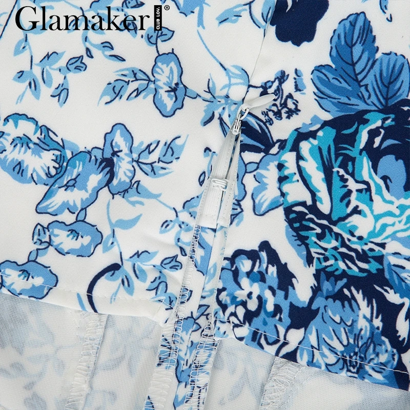 Glamaker Blue floral print vintage short tops Women sexy square neck tank cami top Female winter autumn short crop top shirt