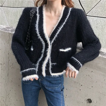 

2020 Knitted Cardigans for Women V Neck Patchwork Black Sweater autumn new single breasted coat short style elegant sweater SW39