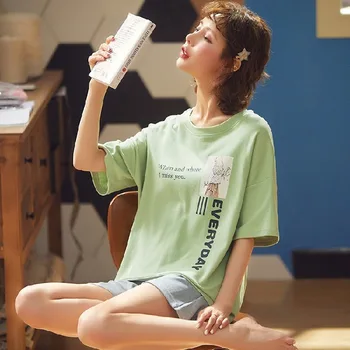 

New Pajama Sets For Women Casual Cotton Striped Short Sleeve Pajamas Pijama Cartoon Shorts Sleepwear Pyjama Summer Two Piece Set