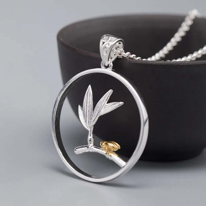 see chart silver Chinese wind bamboo leaf Ladybug Necklace Pendant female antique natural fresh color separation silver jewelry - Цвет камня: see chart