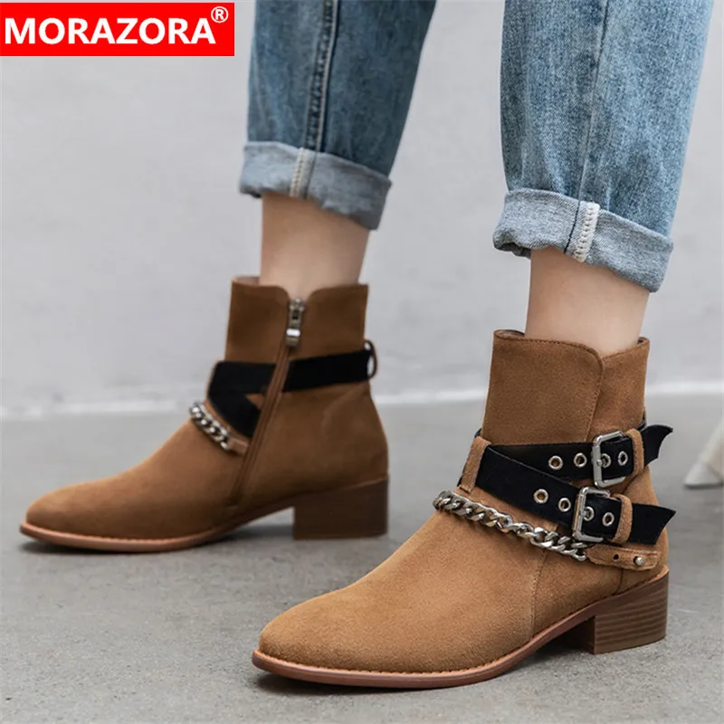 MORAZORA/2020 Новое поступление женские ботильоны с пряжкой и цепочкой сезон