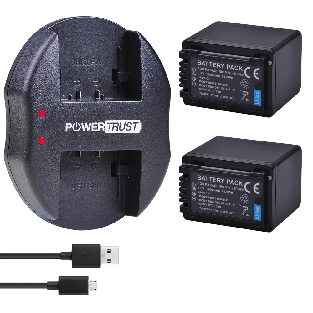 2Battery and Charger 2x3900 mAh VW-VBT380 VBT380 VW-VBT190 литий-ионный аккумулятор+ зарядное устройство для Panasonic HC-VXF999, HC-VXF990, HC-VX870, HC-VX989, HC-W570 - Цвет: 2Battery and Charger