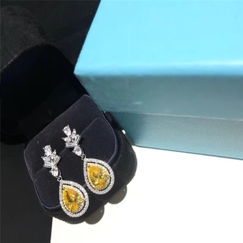 

Fine jewelry Water drop yellow zircon earrings Sterling silver S925 Full zircon Gorgeous upper ears Luxury women's gifts