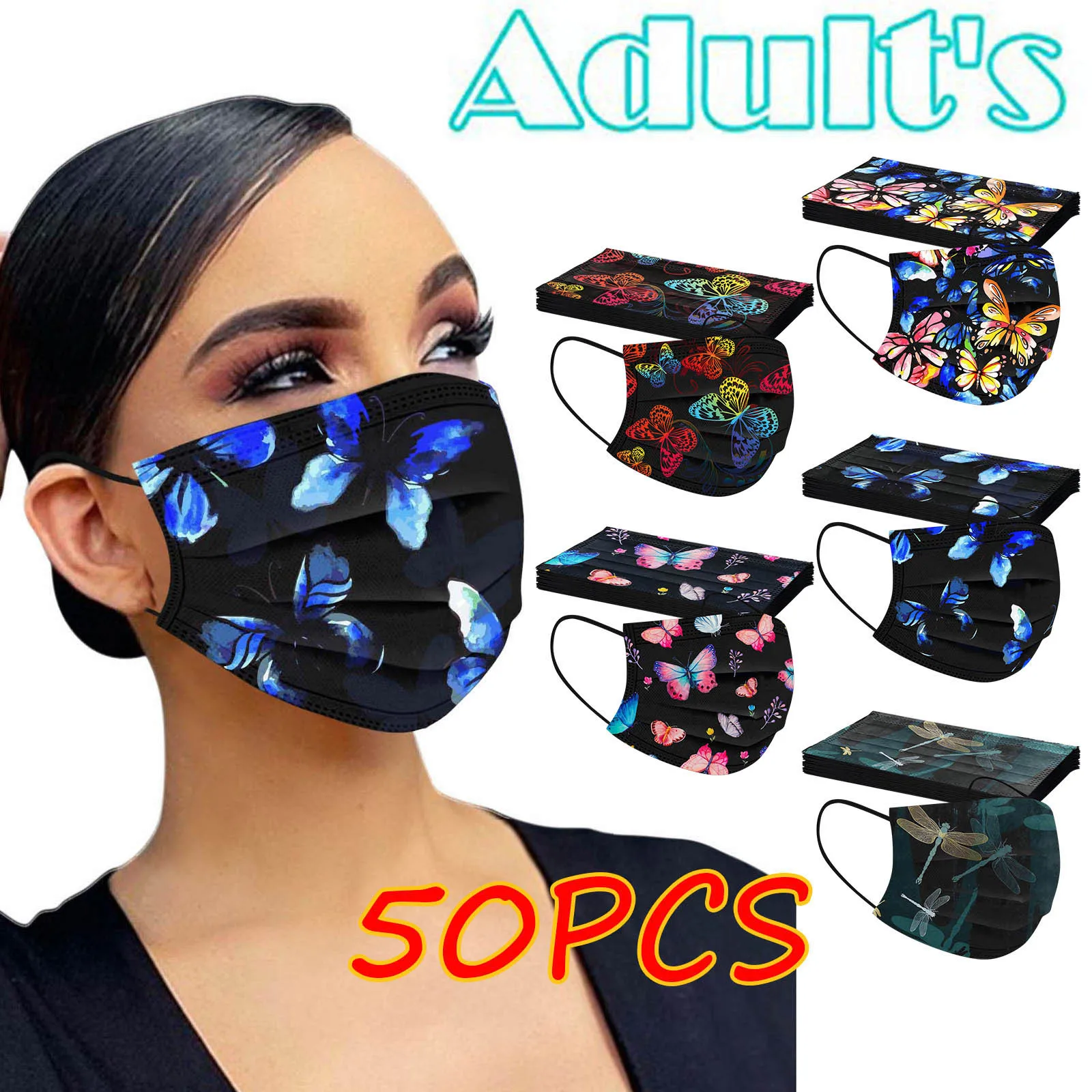 

Adult Disposable Face Mask Butterfly Print Women Man Face Mouth Mask Industrial 3Ply Ear Loop Black Facemask