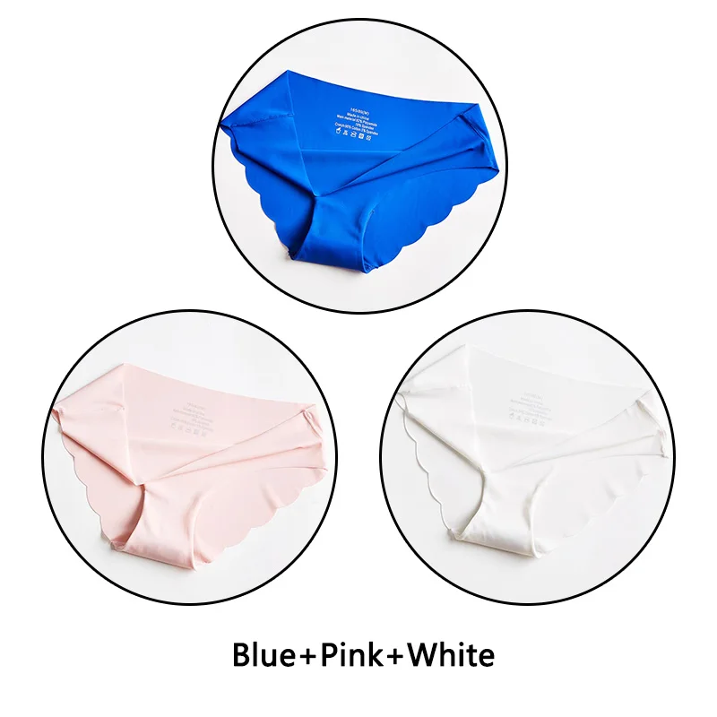 Blue Pink White 3 шт./лот бесшовные кружевные трусики с открытой промежностью льда шелковые трусы Ультра тонкое мягкое нижнее белье S-XXL с низкой посадкой нижнее белье с однотонными оборками нижнее бельё - Цвет: Blue Pink White