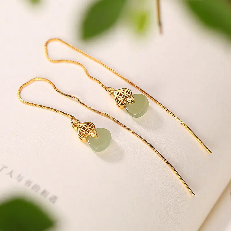 Original Design Hetian Jasper Gourd Hollow Copper Coin Long Earrings Chinese Style Ladies Jewelry For long earrings