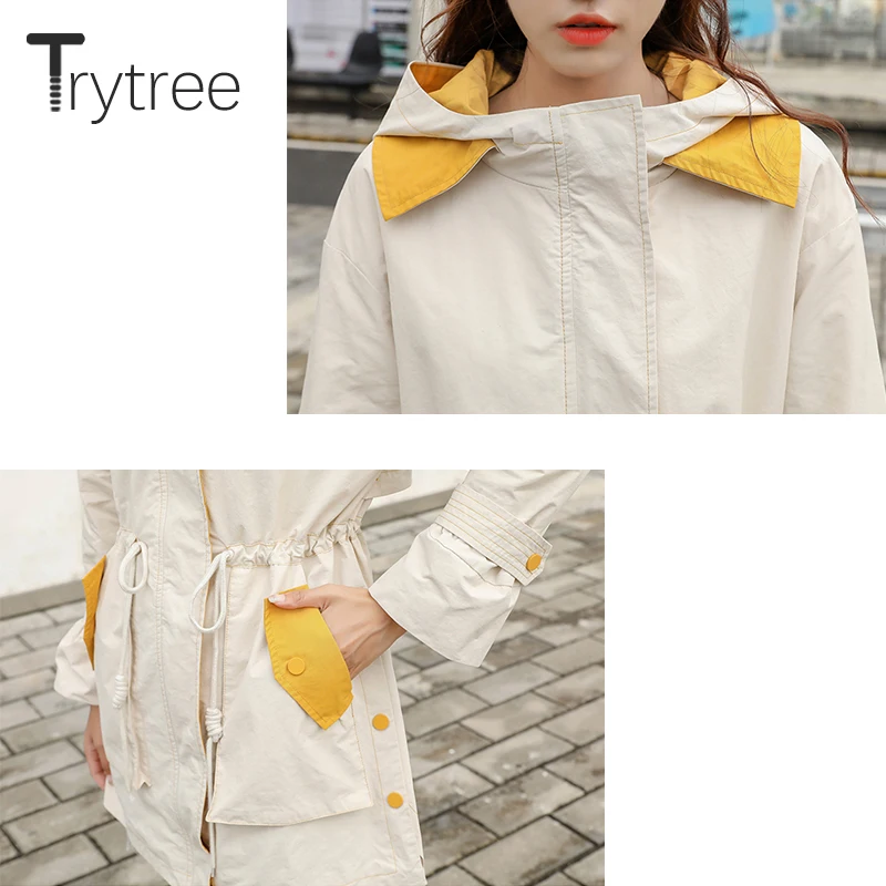 Trytree/осенне-зимние женские повседневные тренчи с капюшоном на молнии и пуговицах, парусиновые Полиэстеровые карманы, Длинные Топы, тренчи, приталенное пальто на шнурке
