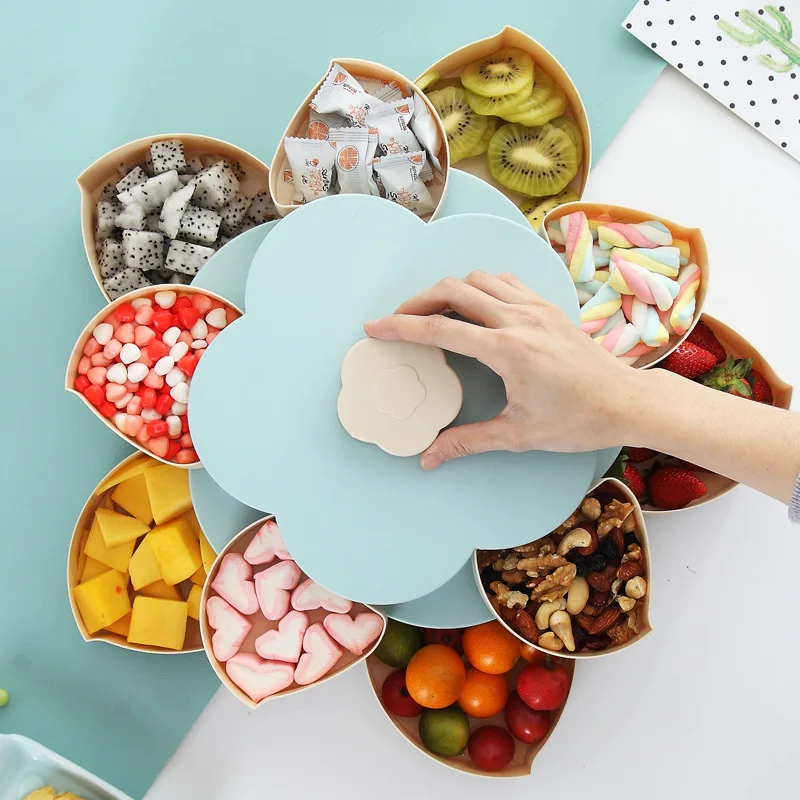 

Creative Double Layer Rotating Storage Box Floral Design Plastic Snack Candy Nut Box Fruit Basket Wedding Decoration Storage Box
