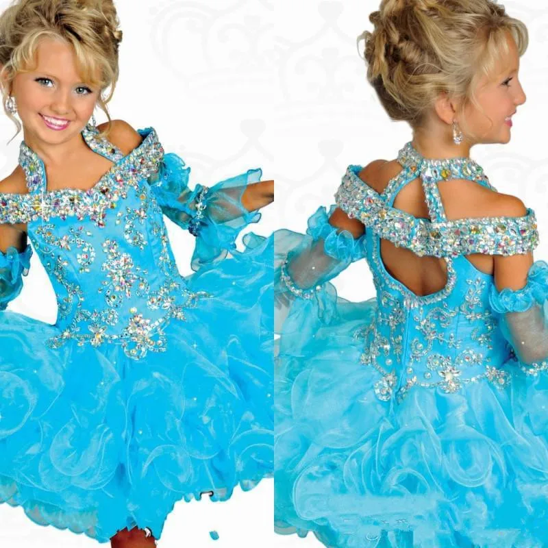 

Turquoise Girls Pageant Dresses Ball Gown Halter Organza Beaded Crystals Short Flower Girl Dresses For Weddings Little Girls
