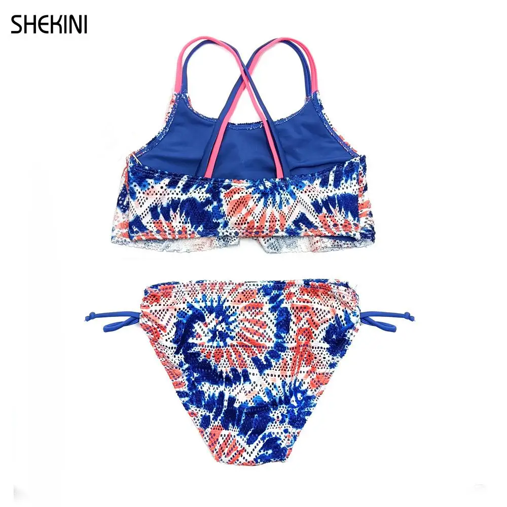 Girl's Ruffles Flounce Print Crochet Teenage Girls Bikini Tie Side Bottom Hollow Back Crisscross Two Piece Swimsuits Beachwear